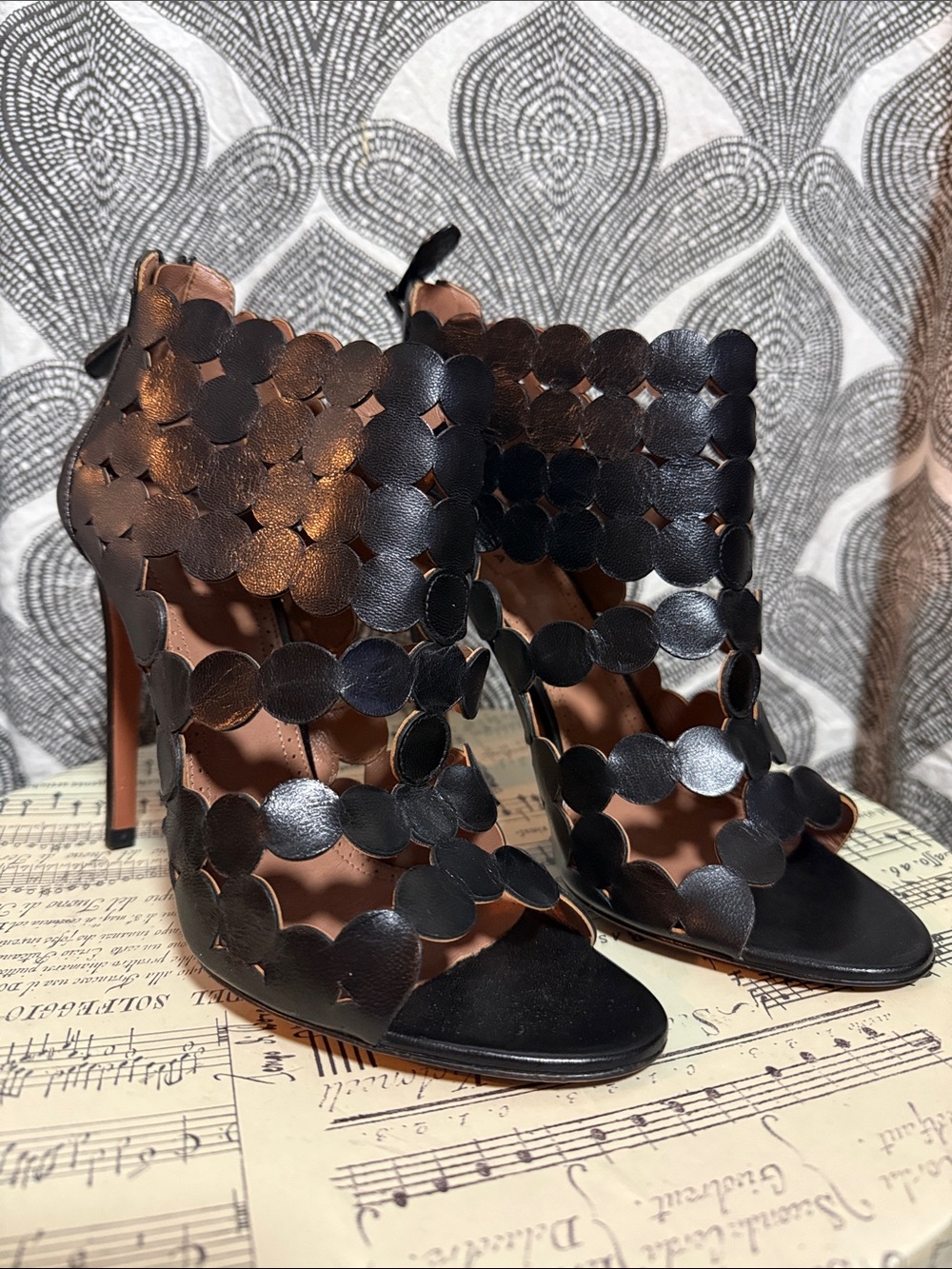 ALAÏA Black Laser Cut Circle Confetti Stiletto Sandals Heels Zipper Back 39 - Picture 2 of 9